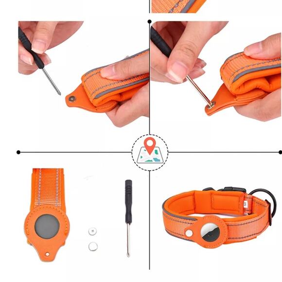 NWT dog collar orange Apple AirTag tracker reflective padded nylon medium B182 - Picture 7 of 8